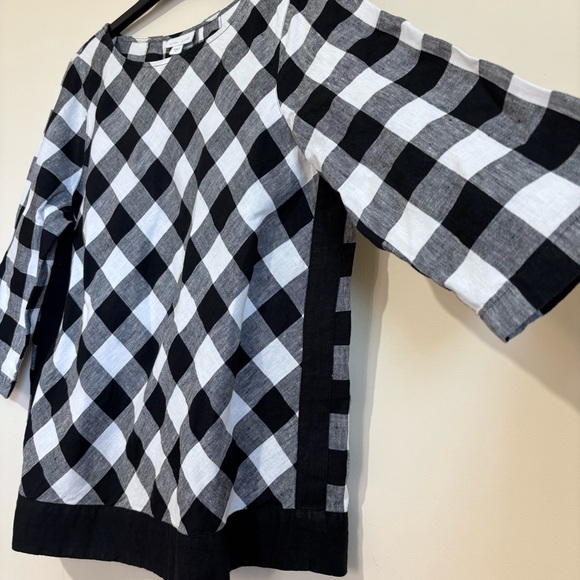 J Jill Slouchy Linen Black White Buffalo Plaid 3/4 sleeve lagenlook blouse Sz M - Picture 3 of 16